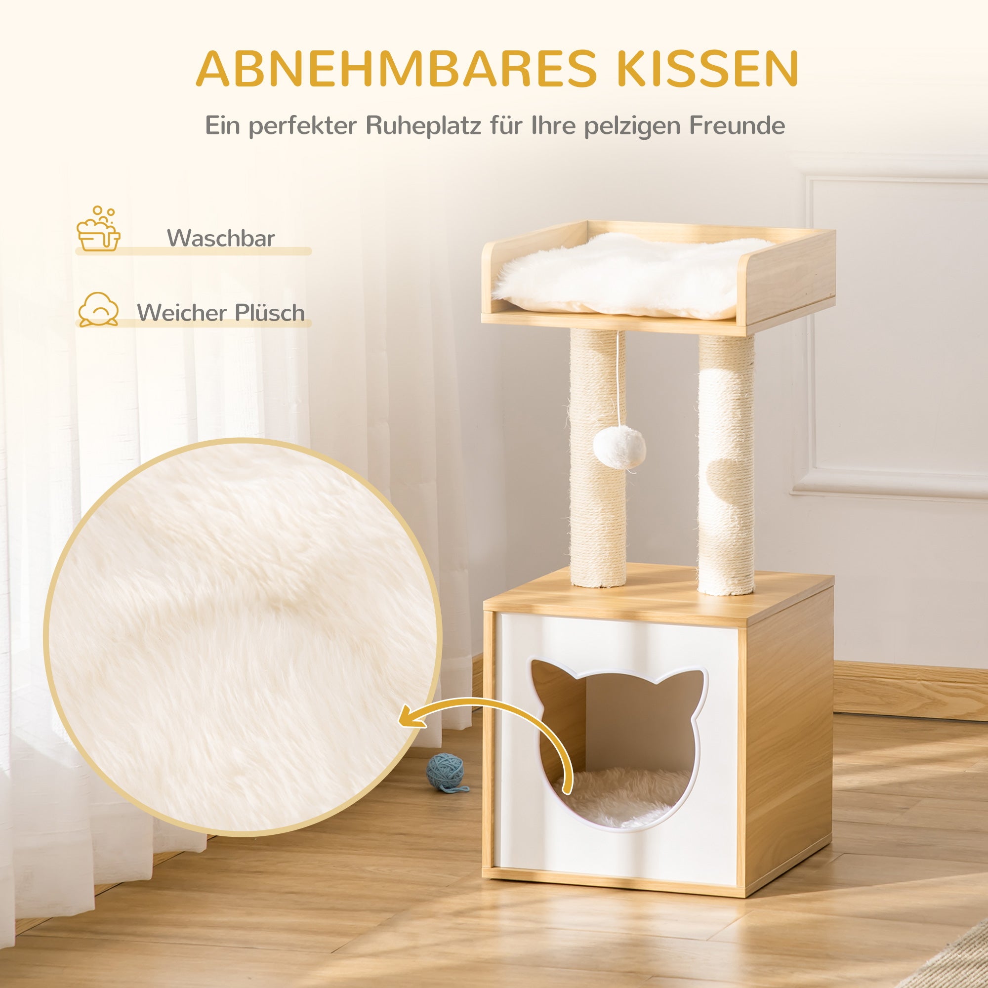 Cat Cave with 2 Soft Cushions Cat Tree with Cat Bed Toy Ball Cat House, Sisal Natural 35 x 35 x 81 cm