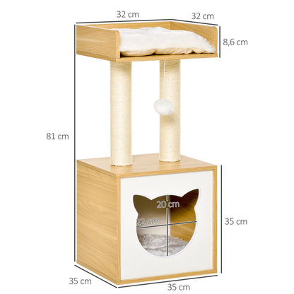 Cat Cave with 2 Soft Cushions Cat Tree with Cat Bed Toy Ball Cat House, Sisal Natural 35 x 35 x 81 cm