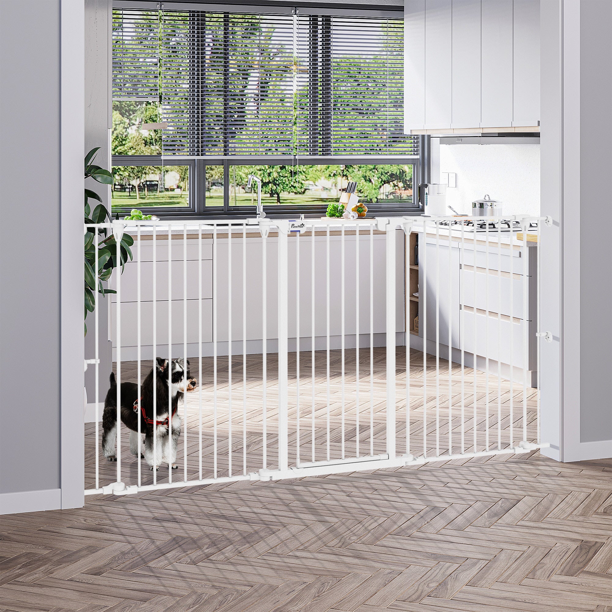 Steel Dog Barrier 206x90 cm Pet Gate Foldable 3 Panel with Double Lock and Auxiliary Locking Function for Doorway Hallway Stairway White