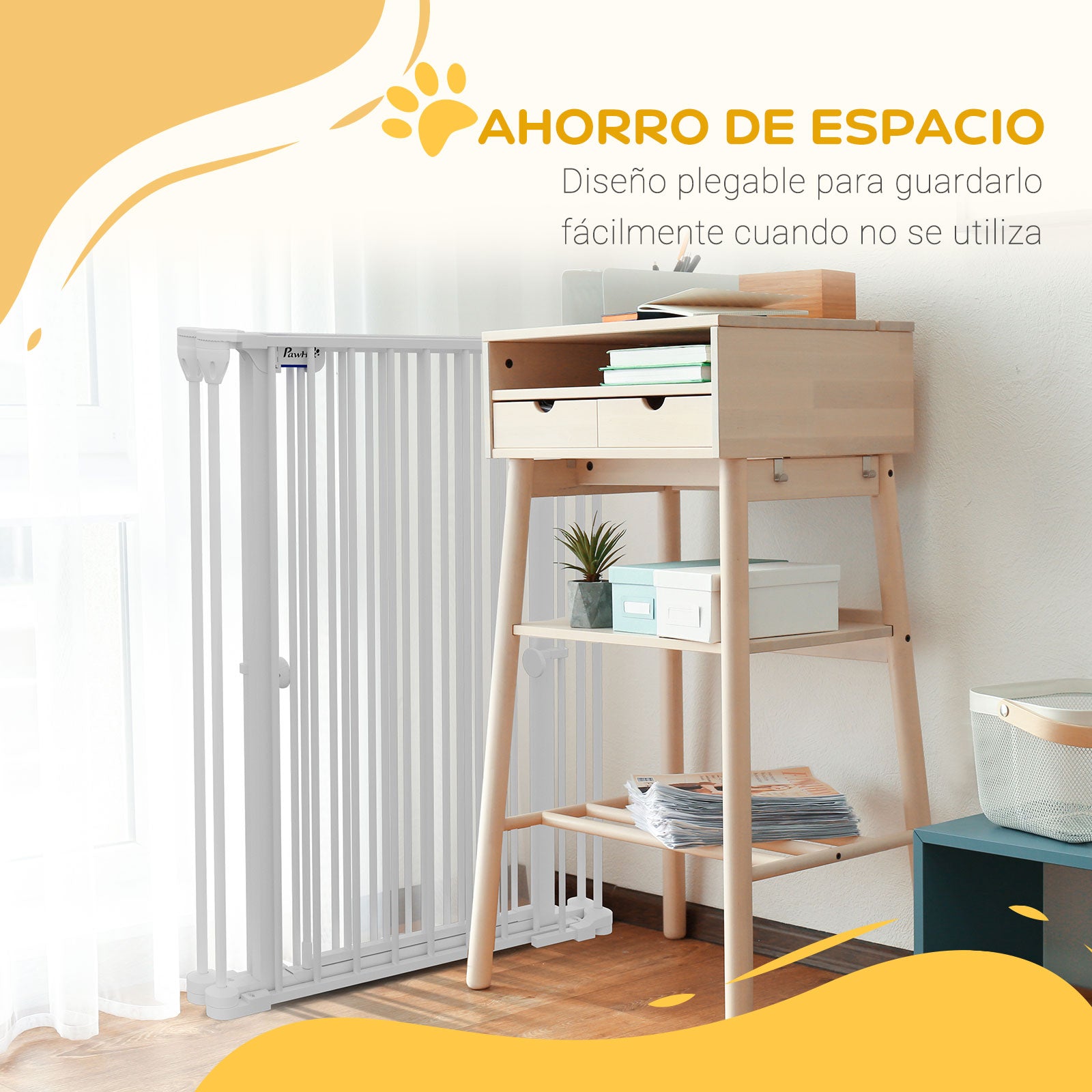Steel Dog Barrier 206x90 cm Pet Gate Foldable 3 Panel with Double Lock and Auxiliary Locking Function for Doorway Hallway Stairway White