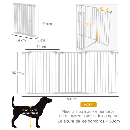 Steel Dog Barrier 206x90 cm Pet Gate Foldable 3 Panel with Double Lock and Auxiliary Locking Function for Doorway Hallway Stairway White