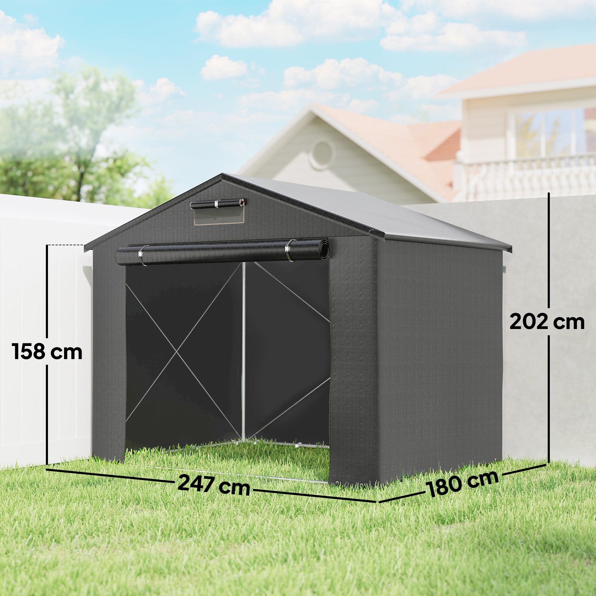 2.5 x 1.8 m (8.2 x 5.9 ft) Waterproof Garage Tent — Sloped Roof, Roll-Up Zipper Door & Vent, UV-Resistant Storage Shelter for Bikes (Dark Gray)