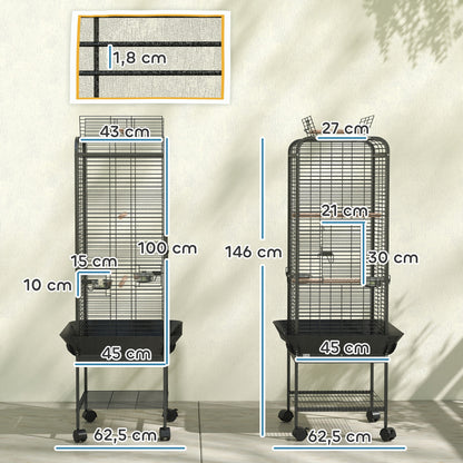Birdcage for Birds Parrot Cage with Wheels Perches Feeders Shelf and Removable Tray Birdcage for Cockatoos Parrots 62.5x62.5x146 cm Dark Gray