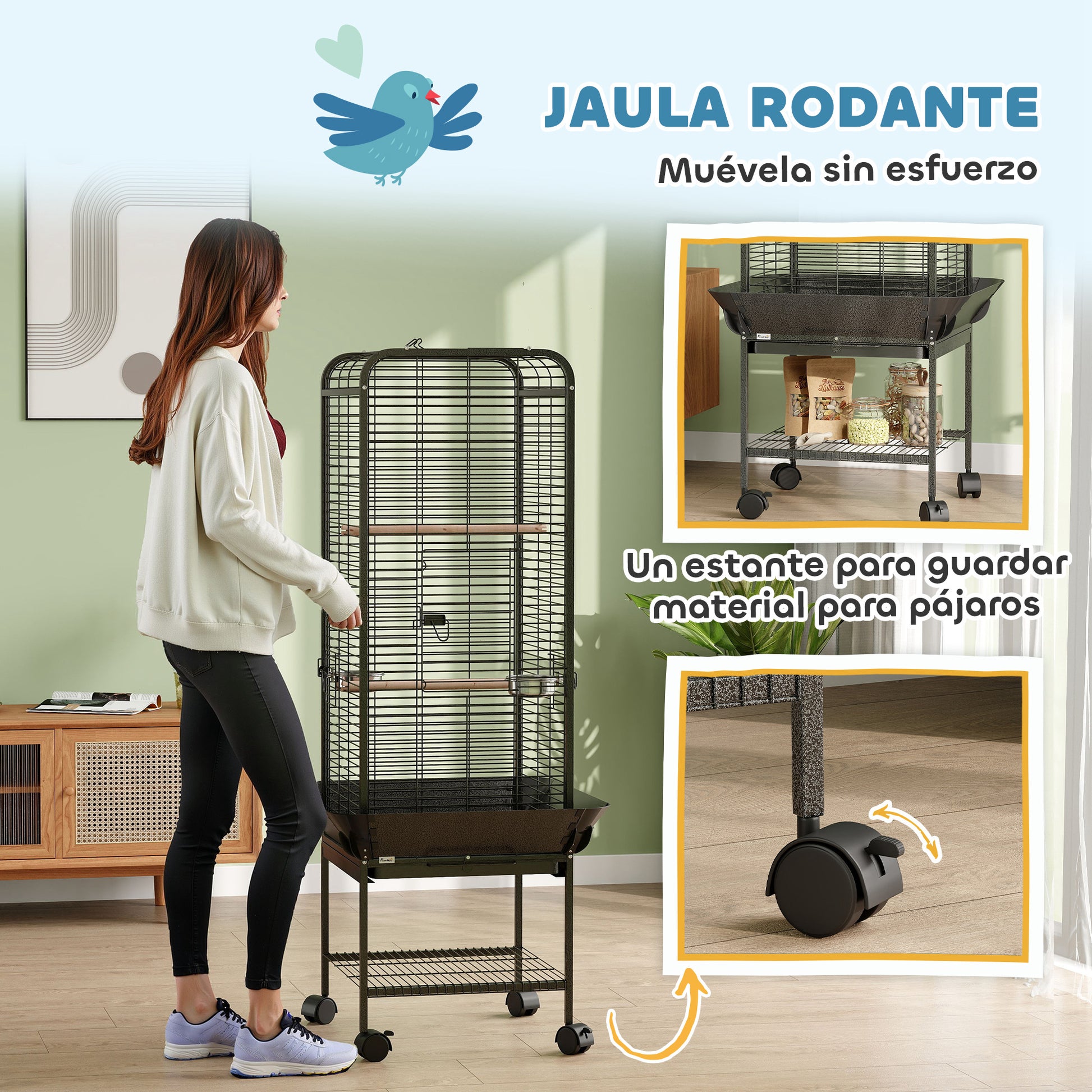 Birdcage for Birds Parrot Cage with Wheels Perches Feeders Shelf and Removable Tray Birdcage for Cockatoos Parrots 62.5x62.5x146 cm Dark Gray