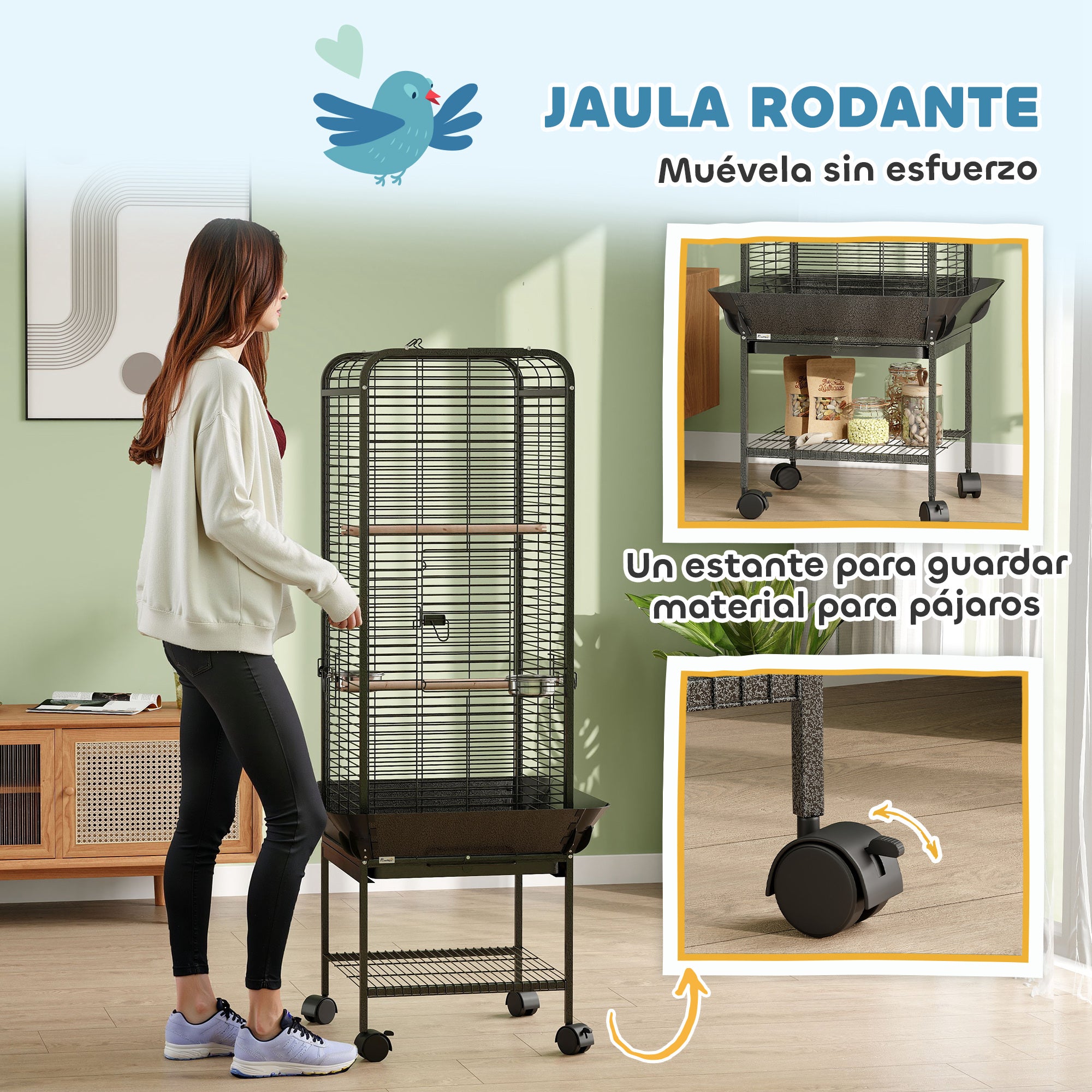 Birdcage for Birds Parrot Cage with Wheels Perches Feeders Shelf and Removable Tray Birdcage for Cockatoos Parrots 62.5x62.5x146 cm Dark Gray