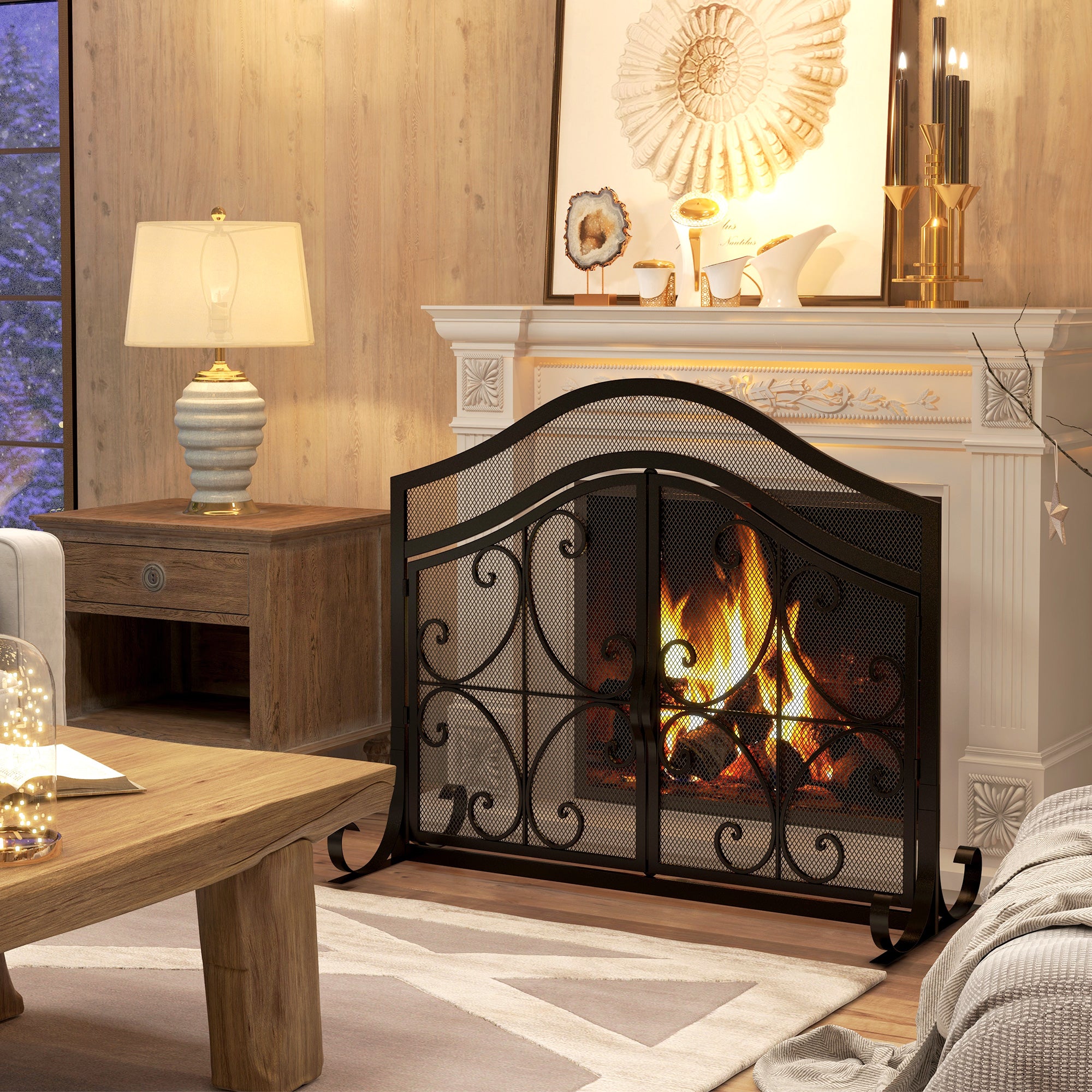 Spark Guard, Fireplace Screen, Fireplace Spark Guard, Fire Screen with Magnetic Doors, Fireplace Spark Protection, Hearth Guard, Decorative Mesh, Steel, 105 x 80.5 cm, Black