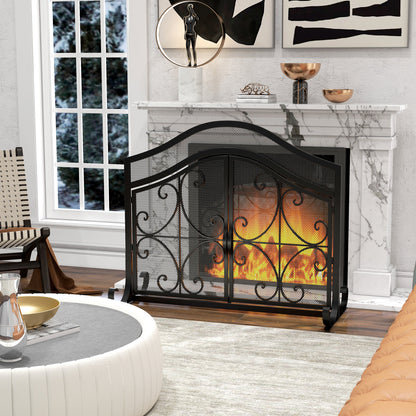 Spark Guard, Fireplace Screen, Fireplace Spark Guard, Fire Screen with Magnetic Doors, Fireplace Spark Protection, Hearth Guard, Decorative Mesh, Steel, 105 x 80.5 cm, Black