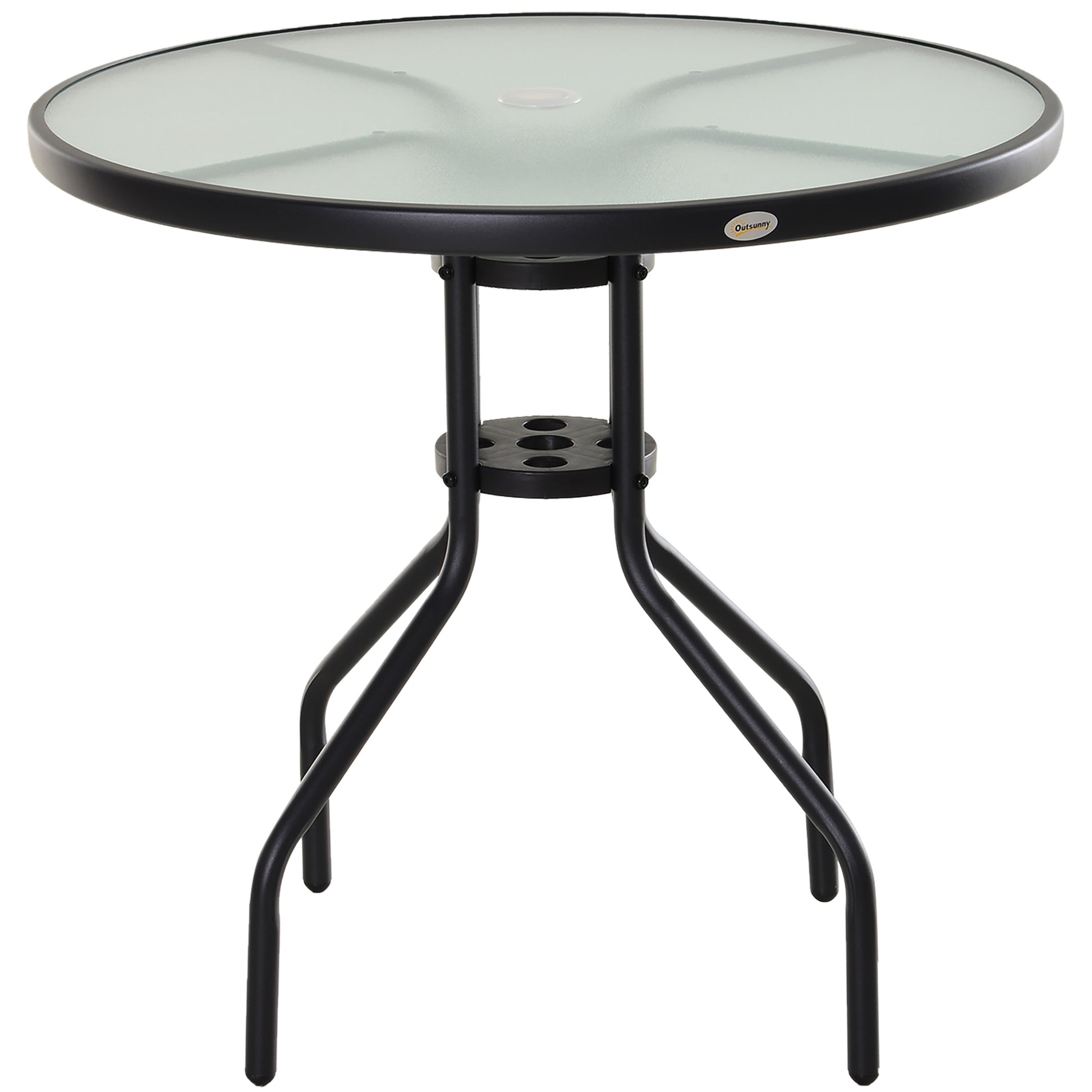 Round Garden Table Tempered Glass Dining Table with Umbrella Hole and Metal Structure for Patio Terrace Balcony Outdoor Ø80x72 cm Black