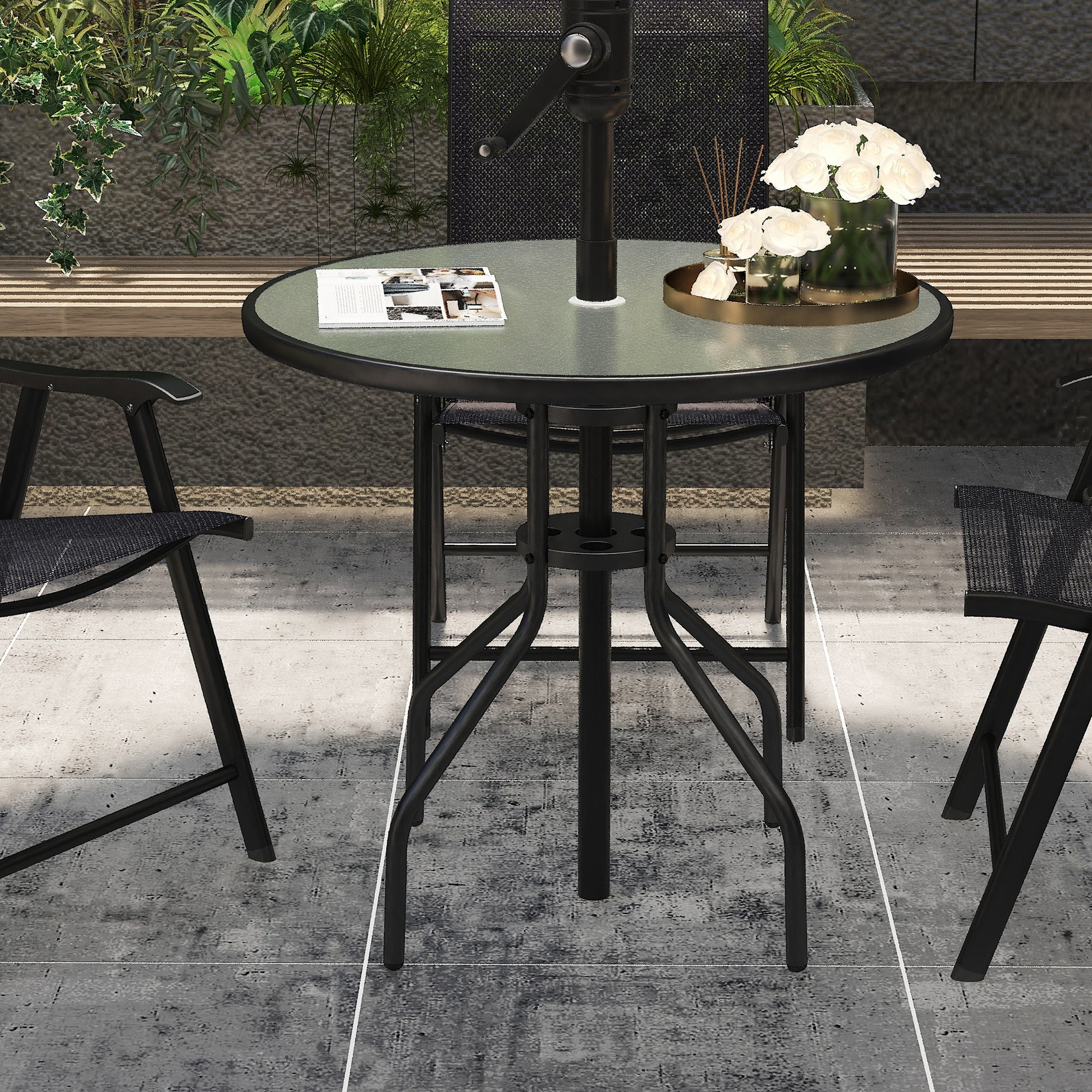Round Garden Table Tempered Glass Dining Table with Umbrella Hole and Metal Structure for Patio Terrace Balcony Outdoor Ø80x72 cm Black