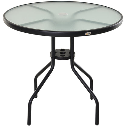 Round Garden Table Tempered Glass Dining Table with Umbrella Hole and Metal Structure for Patio Terrace Balcony Outdoor Ø80x72 cm Black