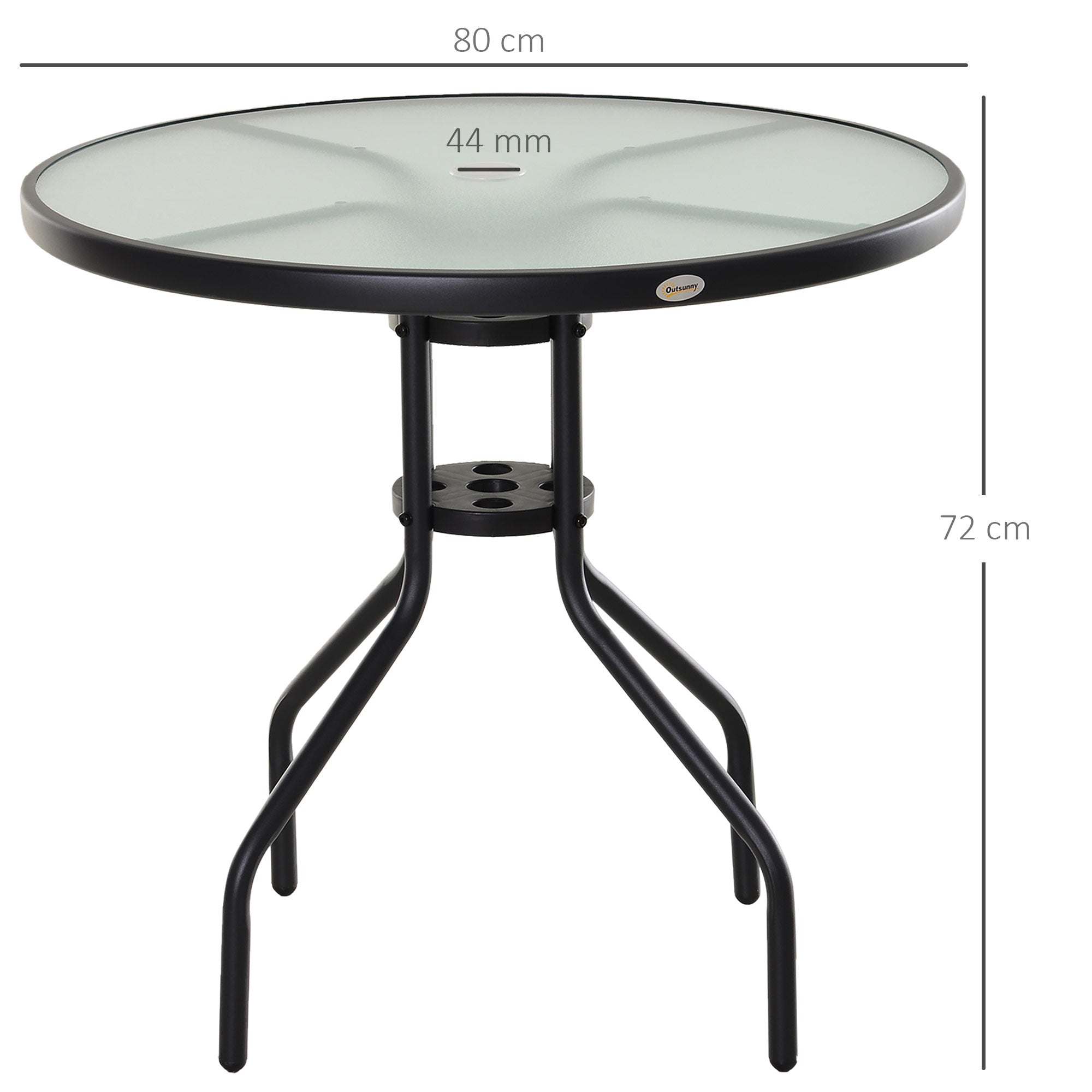 Round Garden Table Tempered Glass Dining Table with Umbrella Hole and Metal Structure for Patio Terrace Balcony Outdoor Ø80x72 cm Black