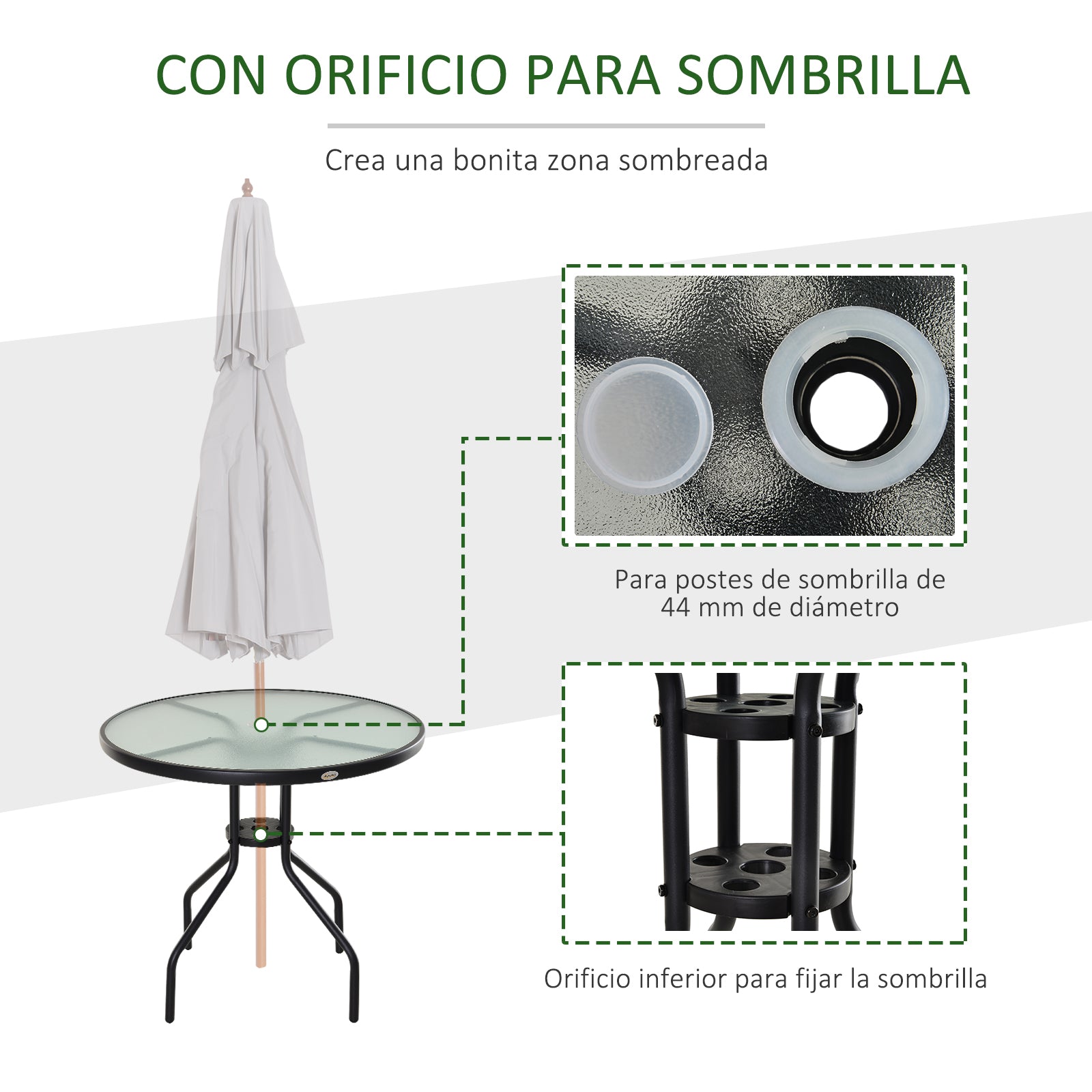 Round Garden Table Tempered Glass Dining Table with Umbrella Hole and Metal Structure for Patio Terrace Balcony Outdoor Ø80x72 cm Black