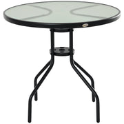 Round Garden Table Tempered Glass Dining Table with Umbrella Hole and Metal Structure for Patio Terrace Balcony Outdoor Ø80x72 cm Black