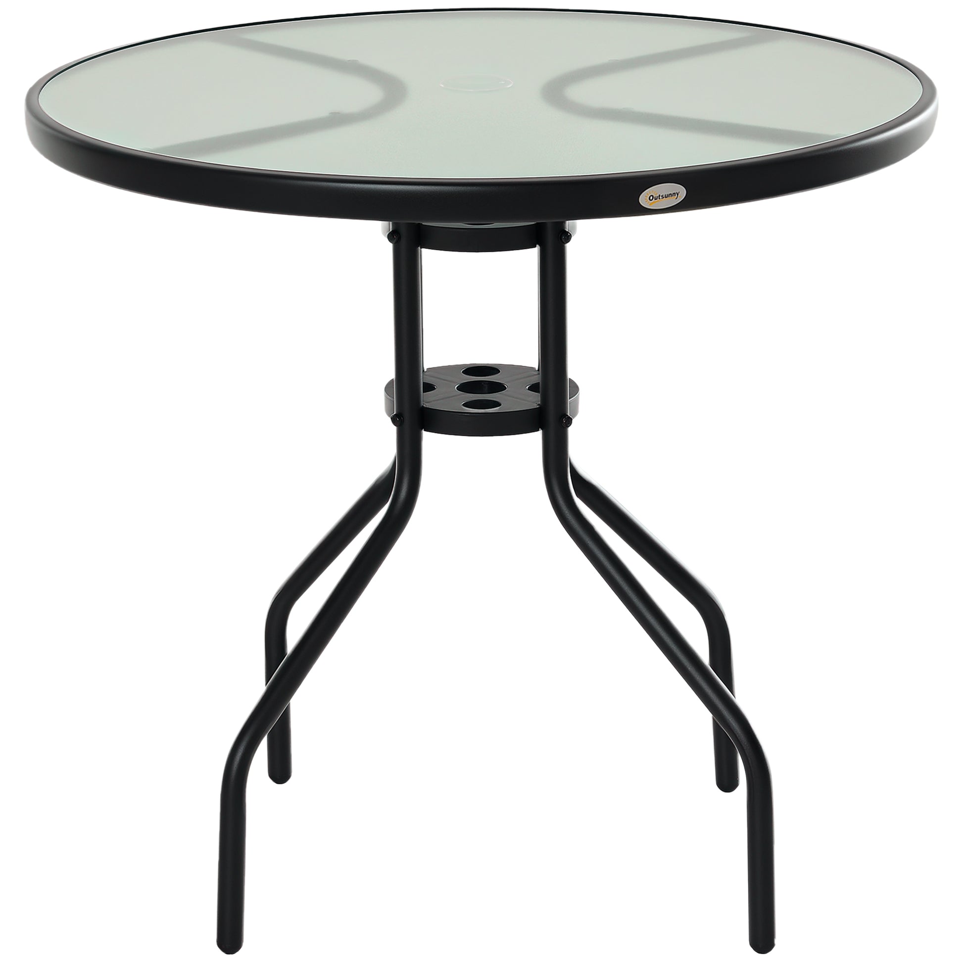 Round Garden Table Tempered Glass Dining Table with Umbrella Hole and Metal Structure for Patio Terrace Balcony Outdoor Ø80x72 cm Black