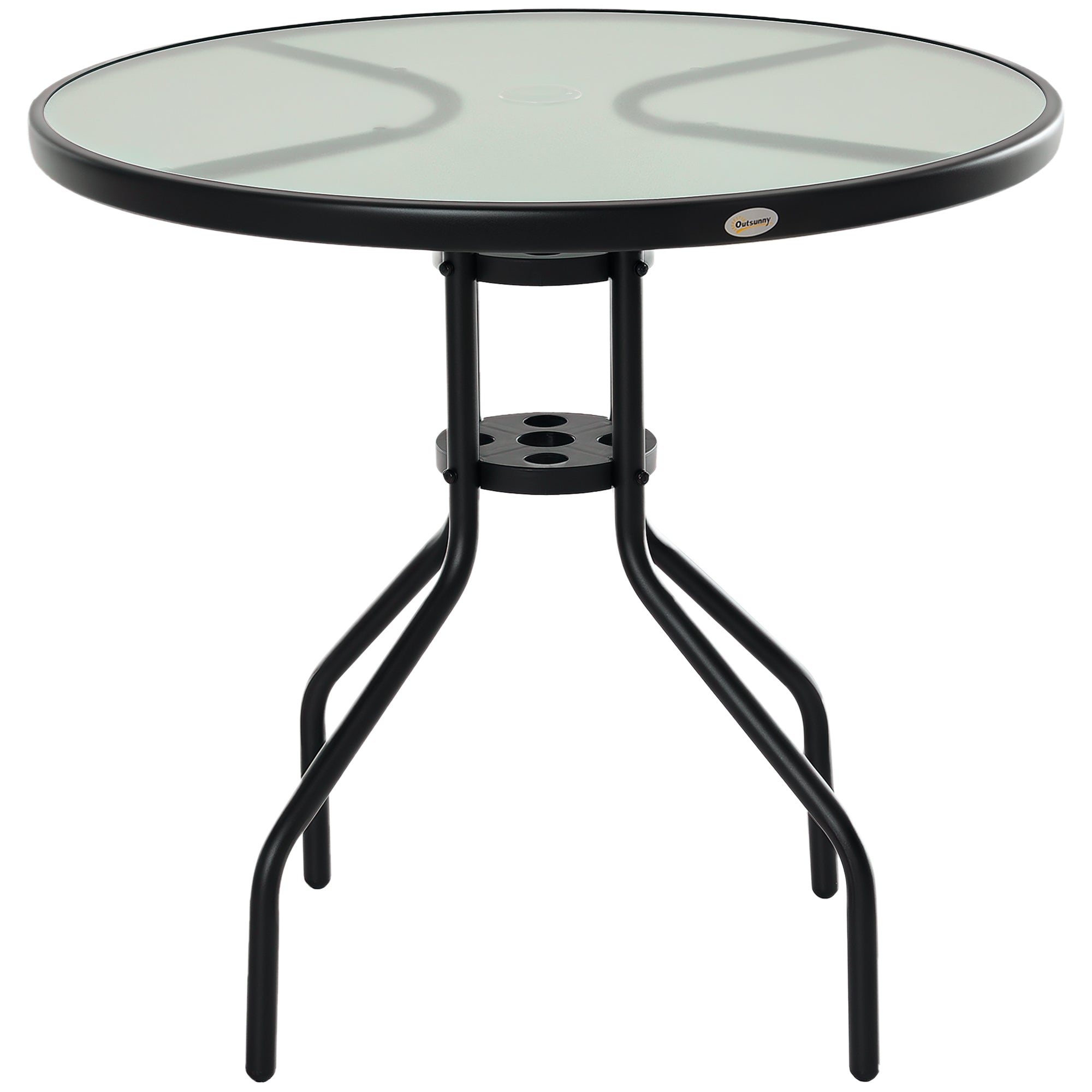 Round Garden Table Tempered Glass Dining Table with Umbrella Hole and Metal Structure for Patio Terrace Balcony Outdoor Ø80x72 cm Black