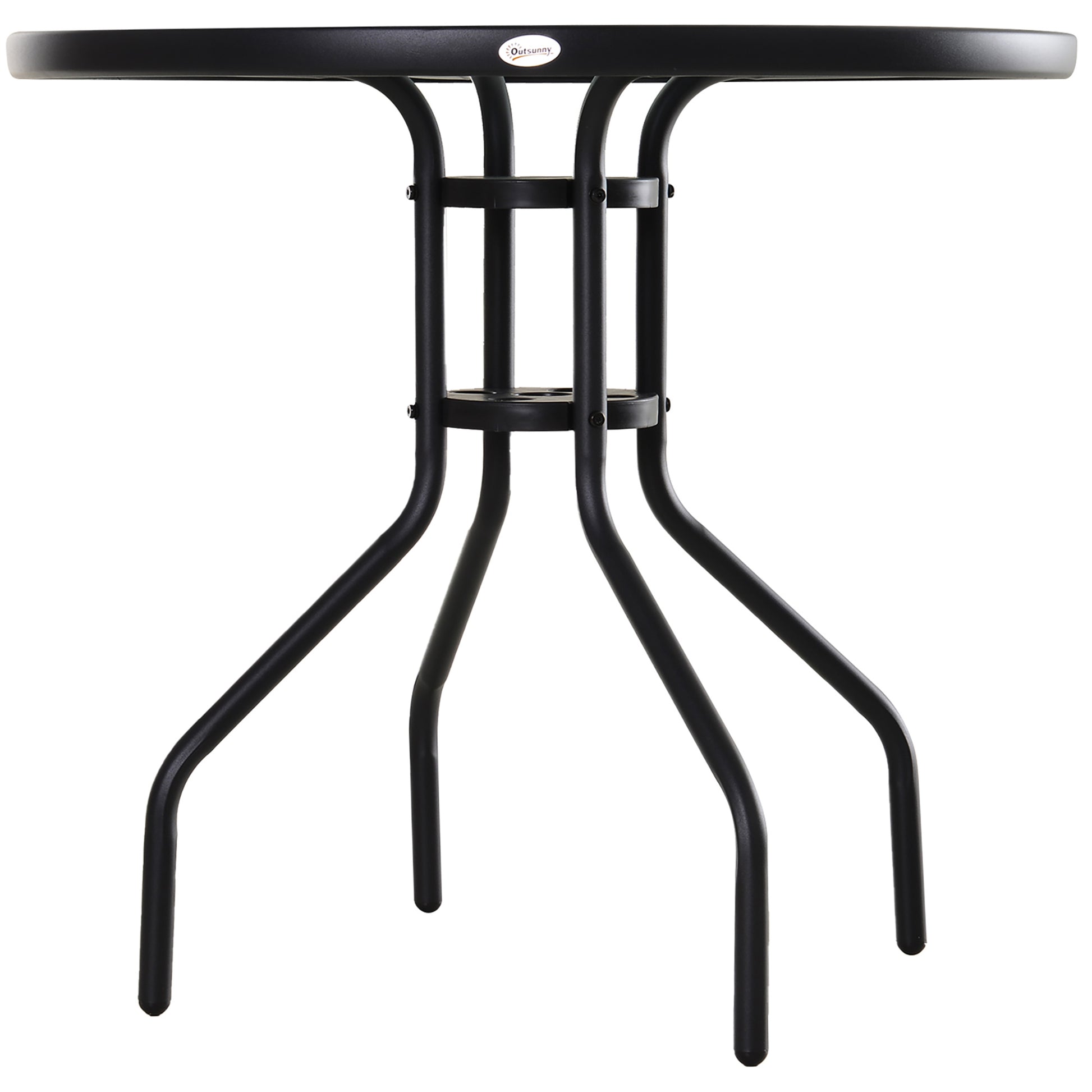 Round Garden Table Tempered Glass Dining Table with Umbrella Hole and Metal Structure for Patio Terrace Balcony Outdoor Ø80x72 cm Black