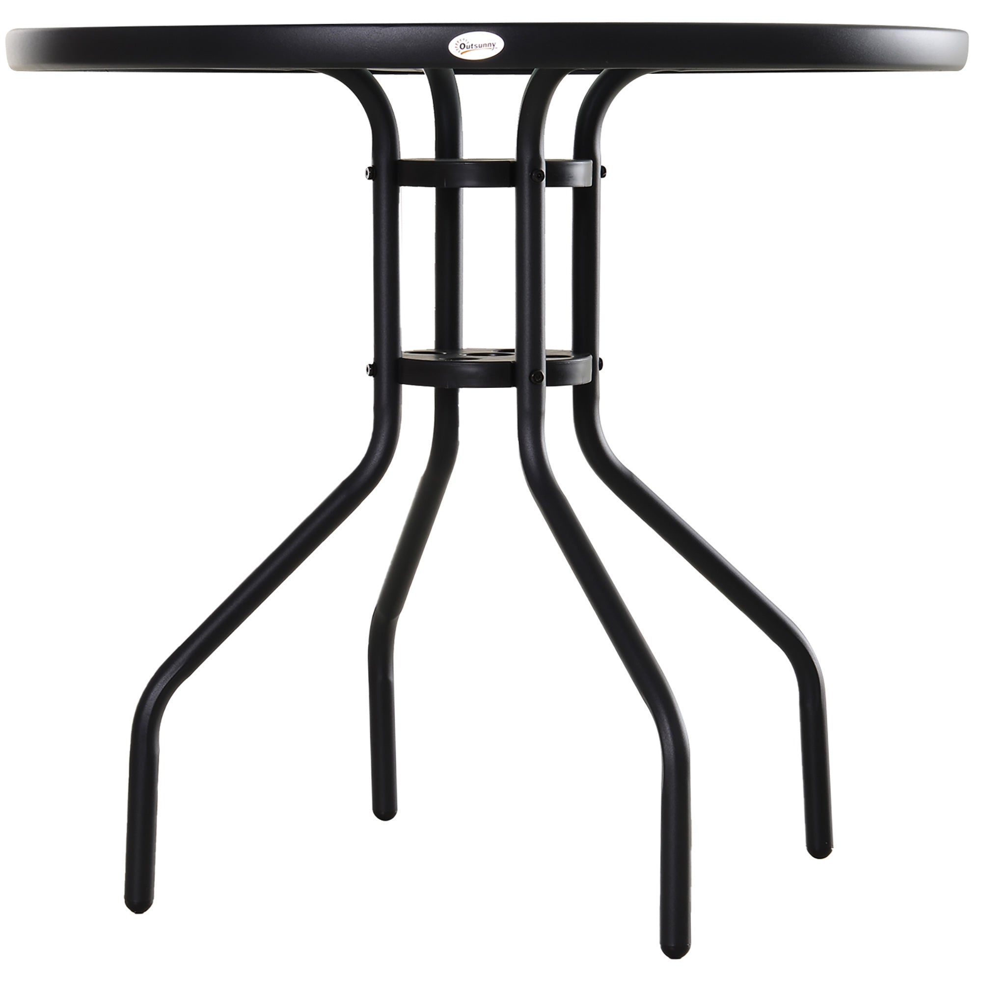 Round Garden Table Tempered Glass Dining Table with Umbrella Hole and Metal Structure for Patio Terrace Balcony Outdoor Ø80x72 cm Black