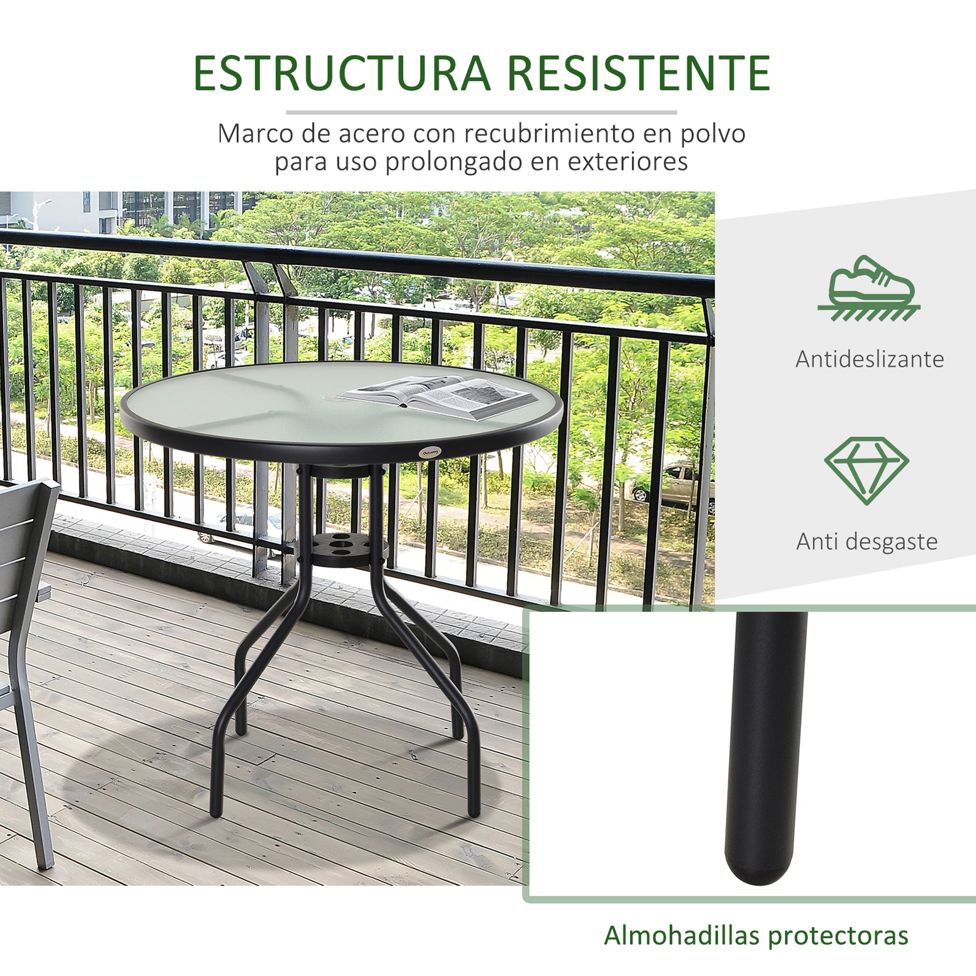 Round Garden Table Tempered Glass Dining Table with Umbrella Hole and Metal Structure for Patio Terrace Balcony Outdoor Ø80x72 cm Black