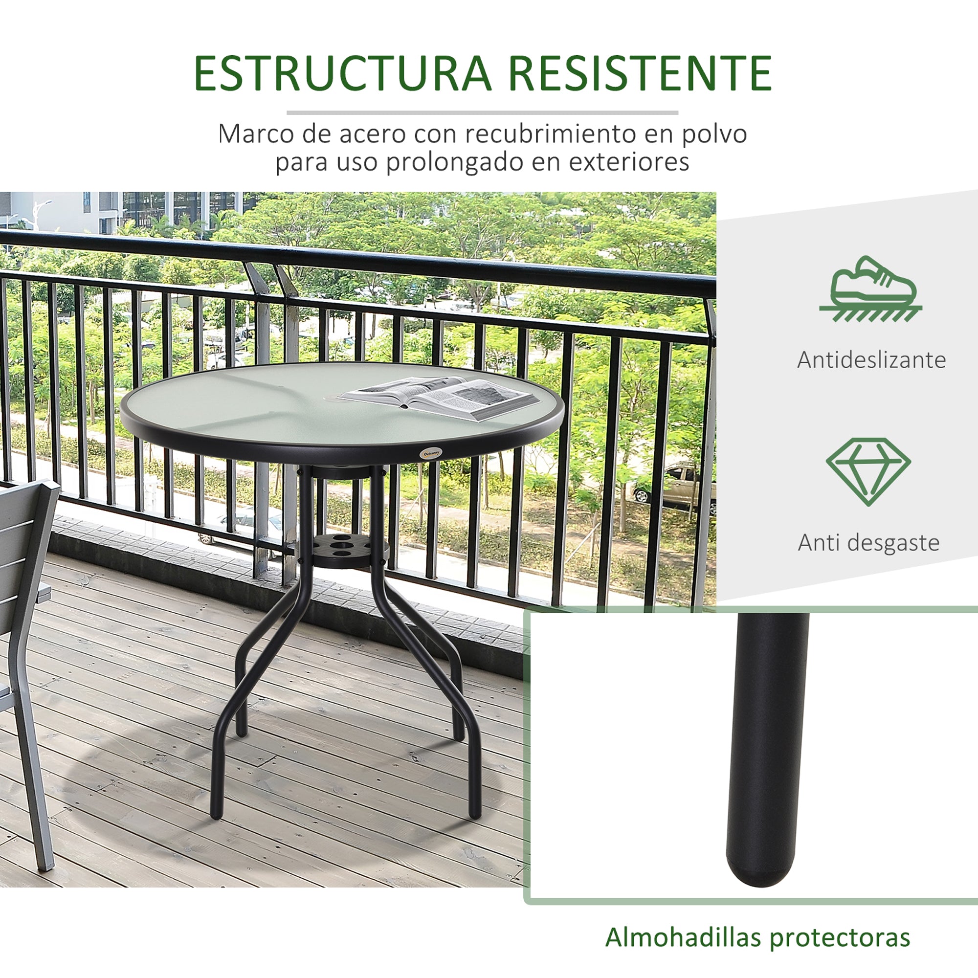 Round Garden Table Tempered Glass Dining Table with Umbrella Hole and Metal Structure for Patio Terrace Balcony Outdoor Ø80x72 cm Black