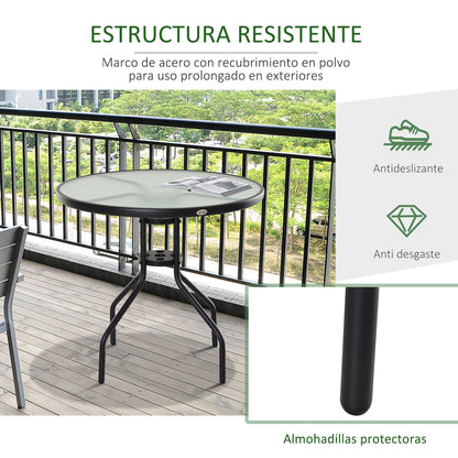 Round Garden Table Tempered Glass Dining Table with Umbrella Hole and Metal Structure for Patio Terrace Balcony Outdoor Ø80x72 cm Black
