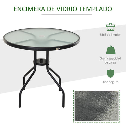 Round Garden Table Tempered Glass Dining Table with Umbrella Hole and Metal Structure for Patio Terrace Balcony Outdoor Ø80x72 cm Black