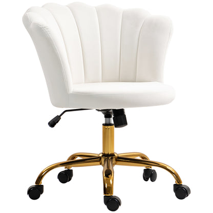 White Velvet Office Chair, Makeup Chair with Petal Backrest, Adjustable Height, Rocking Function, Padded and Swivel Seat, Shell Chair for Office, Living Room, Bedroom