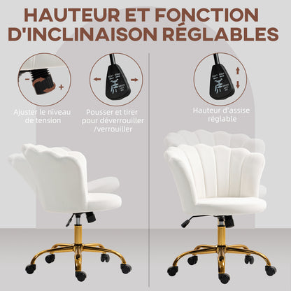 White Velvet Office Chair, Makeup Chair with Petal Backrest, Adjustable Height, Rocking Function, Padded and Swivel Seat, Shell Chair for Office, Living Room, Bedroom
