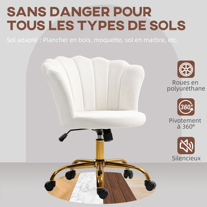 White Velvet Office Chair, Makeup Chair with Petal Backrest, Adjustable Height, Rocking Function, Padded and Swivel Seat, Shell Chair for Office, Living Room, Bedroom