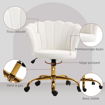 White Velvet Office Chair, Makeup Chair with Petal Backrest, Adjustable Height, Rocking Function, Padded and Swivel Seat, Shell Chair for Office, Living Room, Bedroom