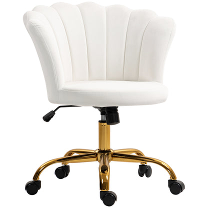 White Velvet Office Chair, Makeup Chair with Petal Backrest, Adjustable Height, Rocking Function, Padded and Swivel Seat, Shell Chair for Office, Living Room, Bedroom