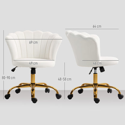 White Velvet Office Chair, Makeup Chair with Petal Backrest, Adjustable Height, Rocking Function, Padded and Swivel Seat, Shell Chair for Office, Living Room, Bedroom