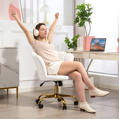 White Velvet Office Chair, Makeup Chair with Petal Backrest, Adjustable Height, Rocking Function, Padded and Swivel Seat, Shell Chair for Office, Living Room, Bedroom