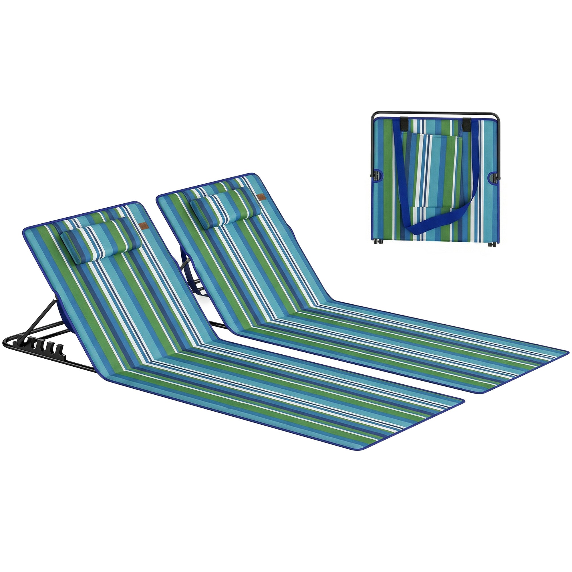 2-Pack Foldable Beach Loungers with Adjustable Backrests, Head Pillows & Storage Bag — Dark Gray