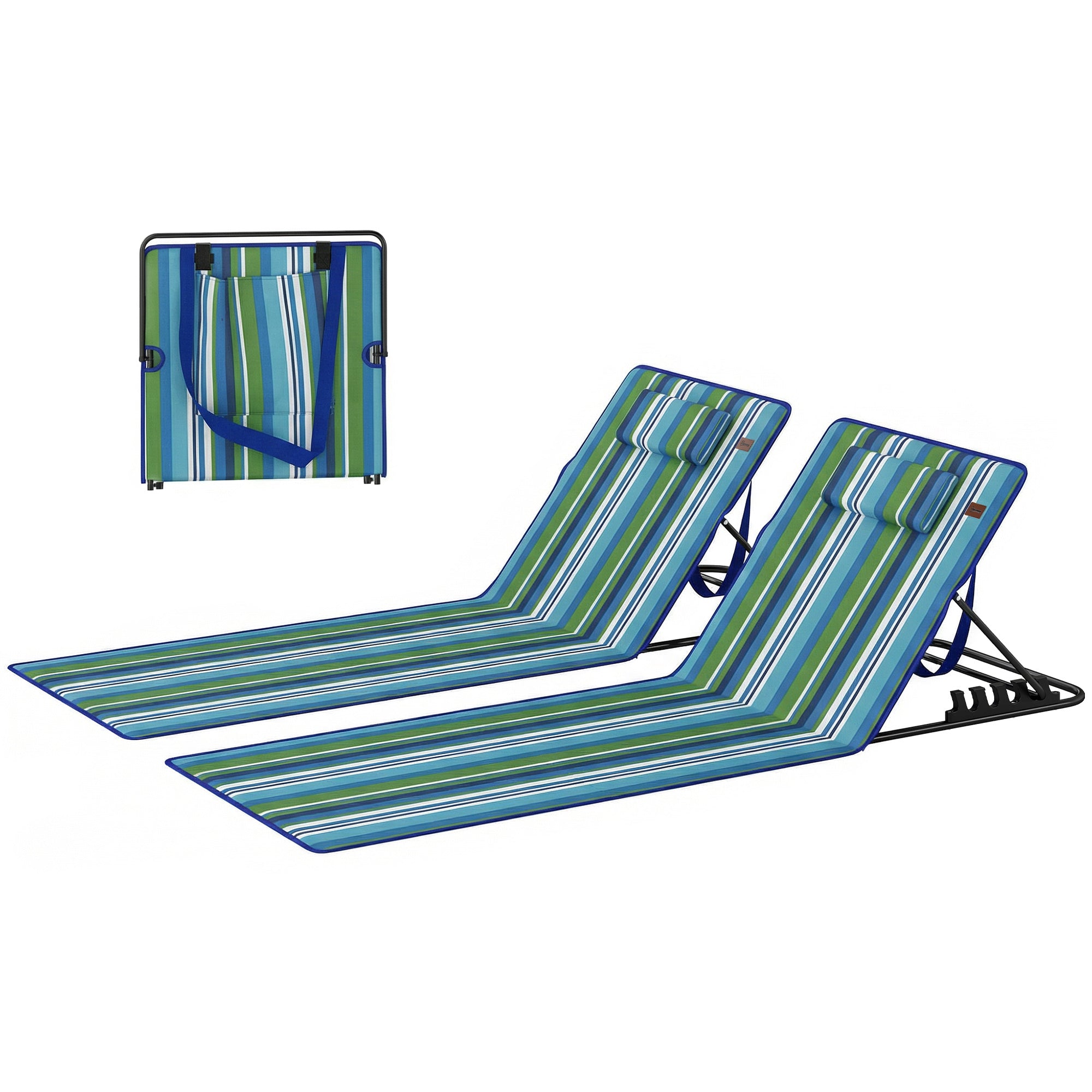 2-Pack Foldable Beach Loungers with Adjustable Backrests, Head Pillows & Storage Bag — Dark Gray