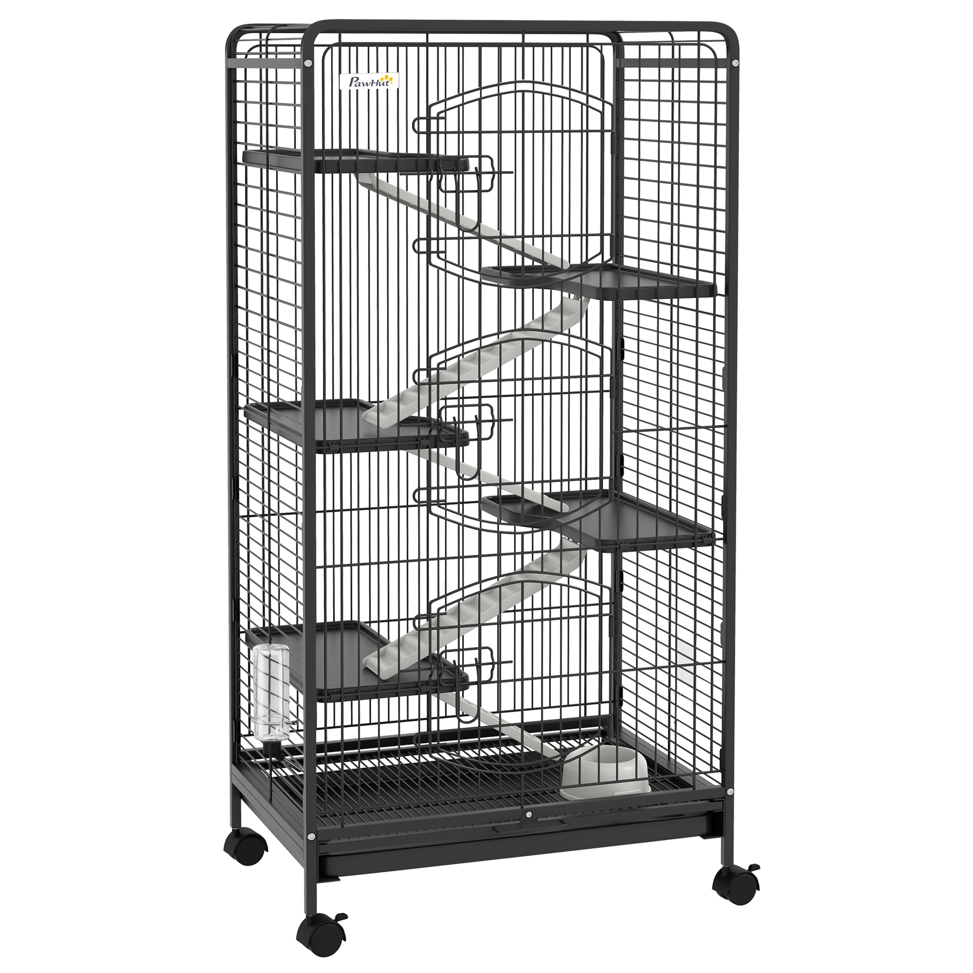 Small Animal Cage Rodent Cage with Wheels Ramp Bowl Water Bottle and Removable Tray Enclosure for Rabbits Chinchillas Ferrets 61.5x44x131 cm Black