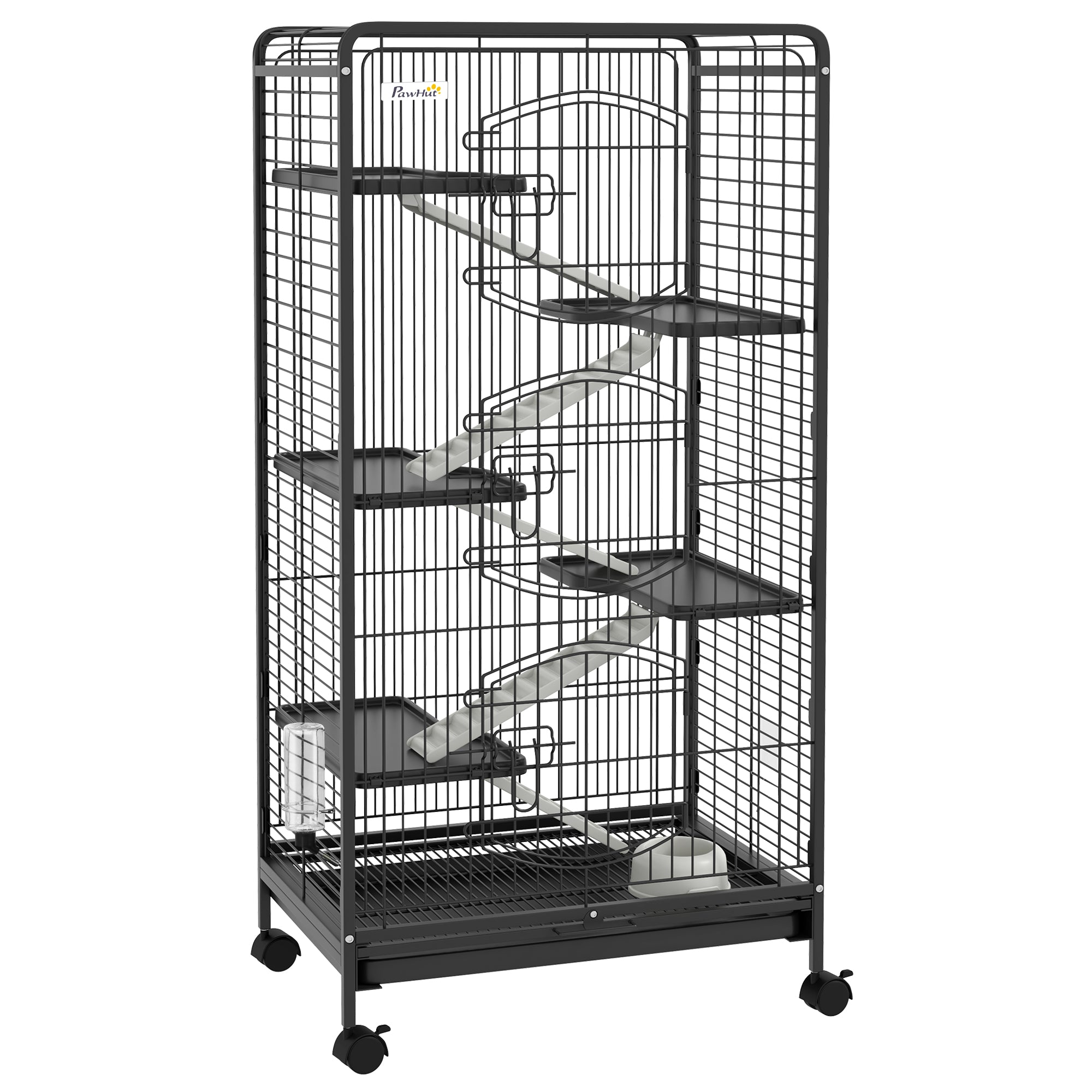 Small Animal Cage Rodent Cage with Wheels Ramp Bowl Water Bottle and Removable Tray Enclosure for Rabbits Chinchillas Ferrets 61.5x44x131 cm Black