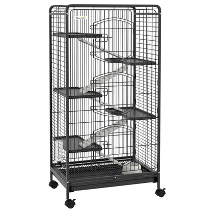 Small Animal Cage Rodent Cage with Wheels Ramp Bowl Water Bottle and Removable Tray Enclosure for Rabbits Chinchillas Ferrets 61.5x44x131 cm Black