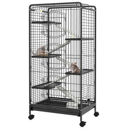 Small Animal Cage Rodent Cage with Wheels Ramp Bowl Water Bottle and Removable Tray Enclosure for Rabbits Chinchillas Ferrets 61.5x44x131 cm Black