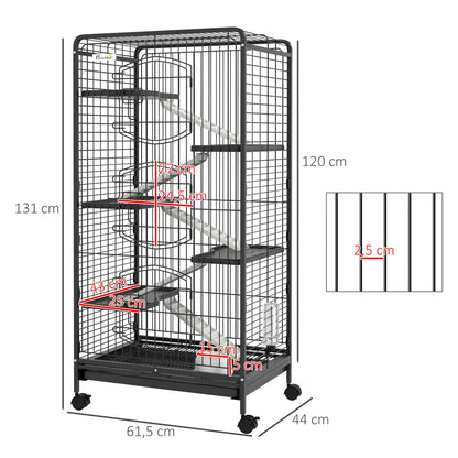 Small Animal Cage Rodent Cage with Wheels Ramp Bowl Water Bottle and Removable Tray Enclosure for Rabbits Chinchillas Ferrets 61.5x44x131 cm Black