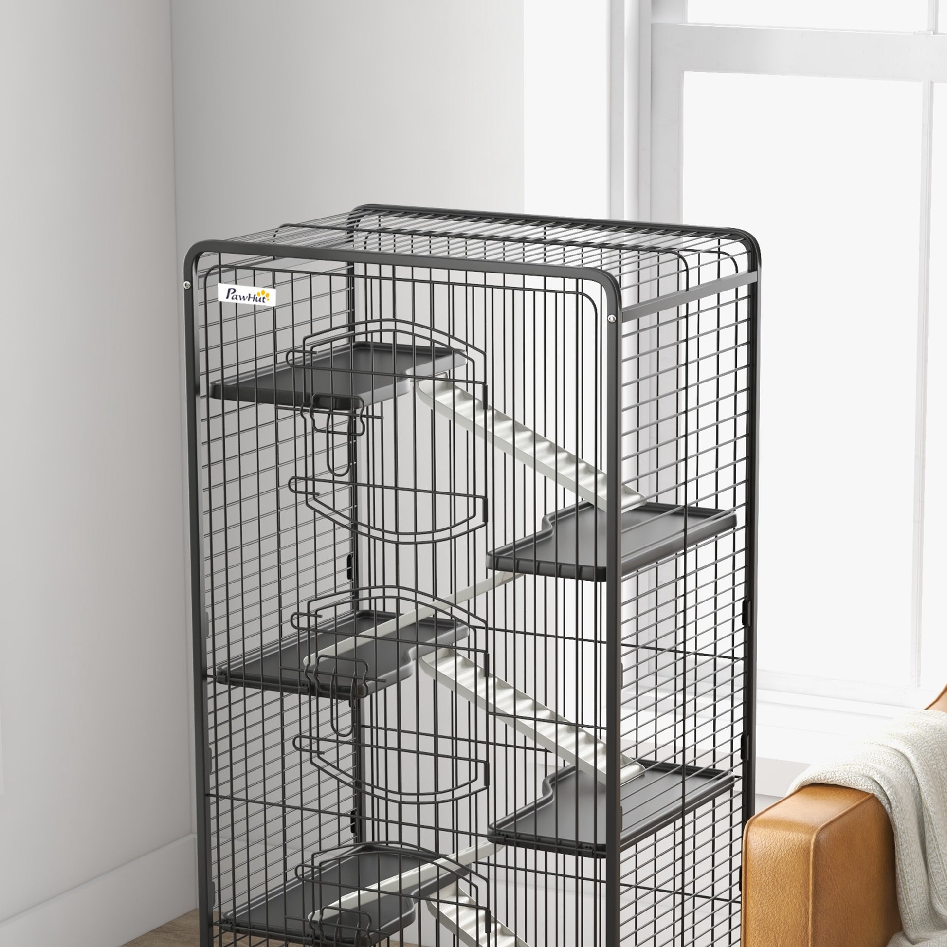 Small Animal Cage Rodent Cage with Wheels Ramp Bowl Water Bottle and Removable Tray Enclosure for Rabbits Chinchillas Ferrets 61.5x44x131 cm Black