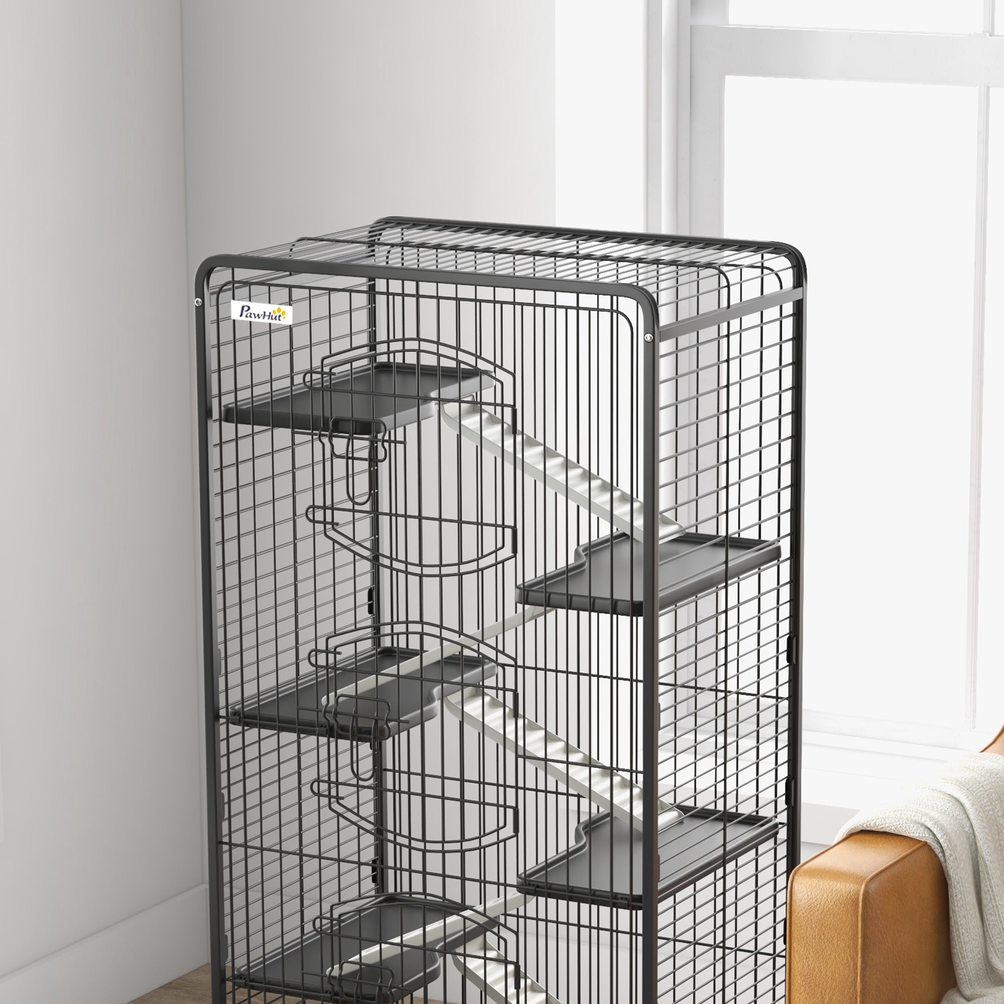 Small Animal Cage Rodent Cage with Wheels Ramp Bowl Water Bottle and Removable Tray Enclosure for Rabbits Chinchillas Ferrets 61.5x44x131 cm Black