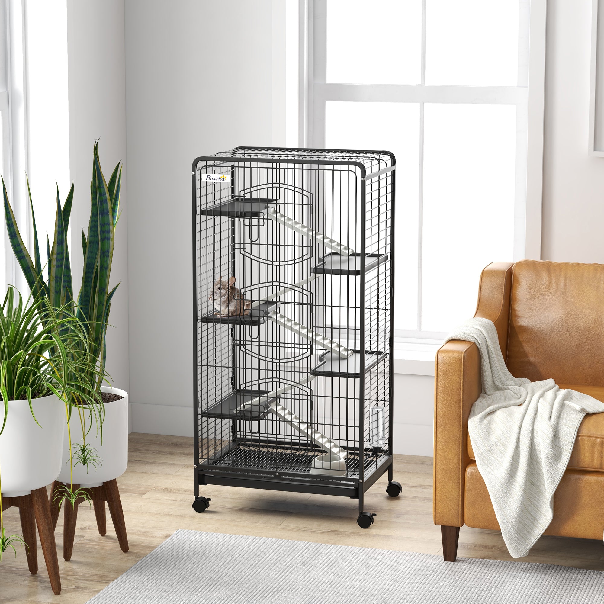 Small Animal Cage Rodent Cage with Wheels Ramp Bowl Water Bottle and Removable Tray Enclosure for Rabbits Chinchillas Ferrets 61.5x44x131 cm Black