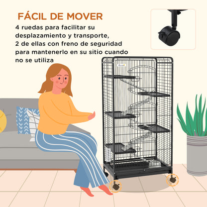 Small Animal Cage Rodent Cage with Wheels Ramp Bowl Water Bottle and Removable Tray Enclosure for Rabbits Chinchillas Ferrets 61.5x44x131 cm Black