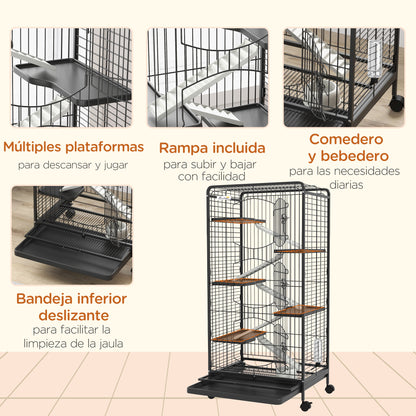 Small Animal Cage Rodent Cage with Wheels Ramp Bowl Water Bottle and Removable Tray Enclosure for Rabbits Chinchillas Ferrets 61.5x44x131 cm Black
