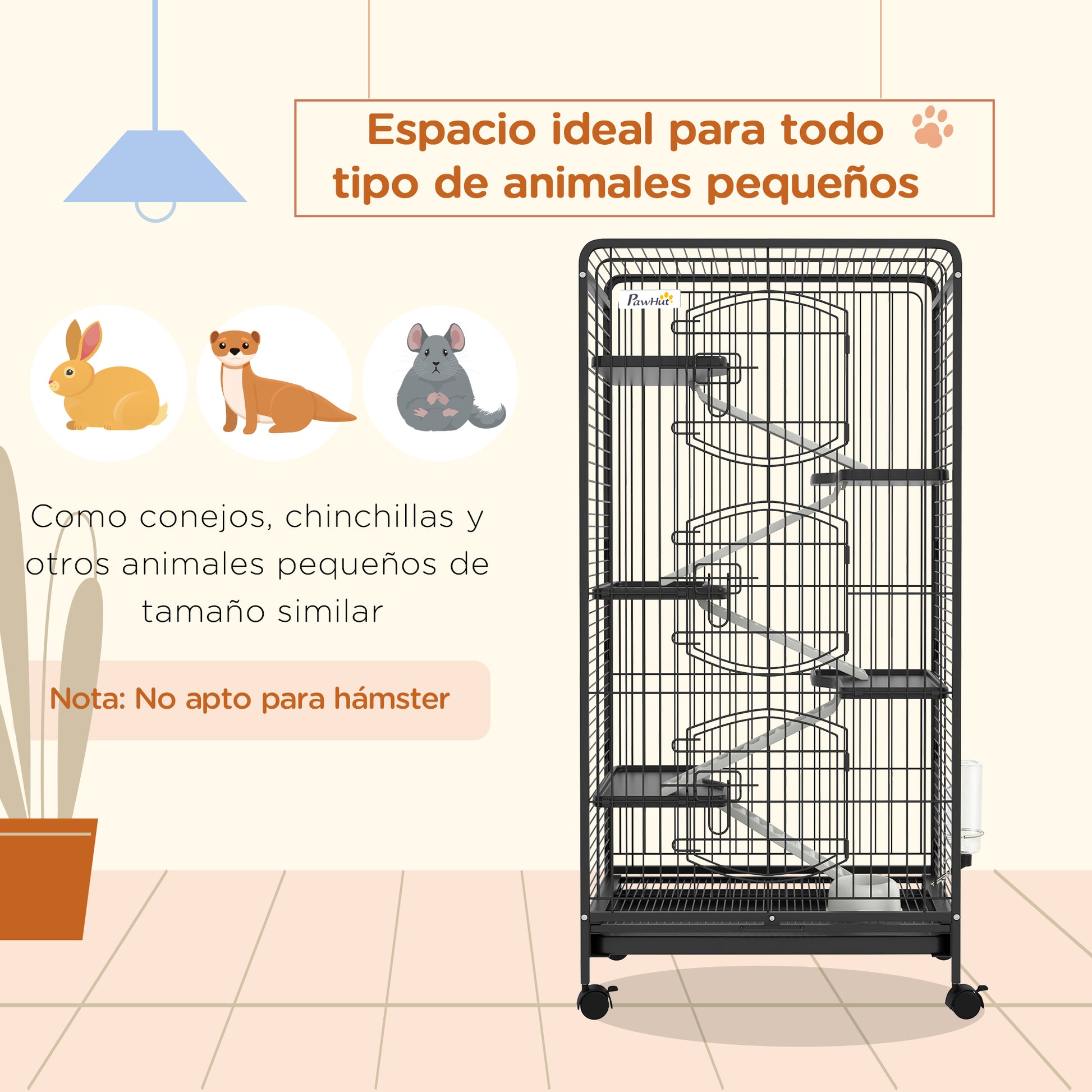 Small Animal Cage Rodent Cage with Wheels Ramp Bowl Water Bottle and Removable Tray Enclosure for Rabbits Chinchillas Ferrets 61.5x44x131 cm Black