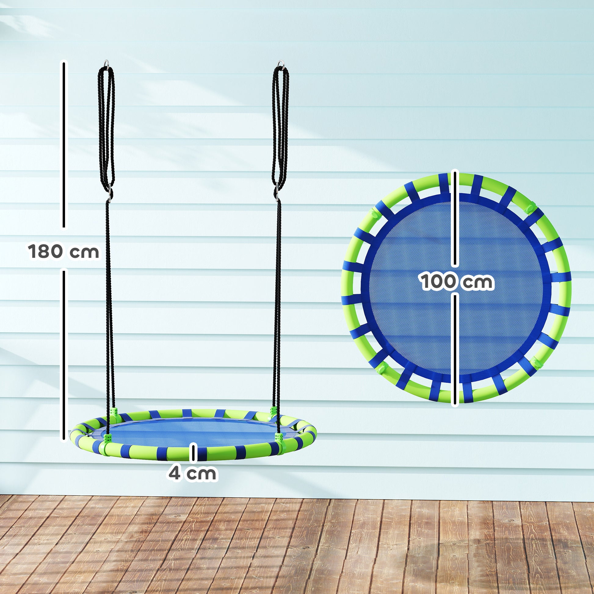 Round Children's Swing Outdoor Garden Adjustable Kids Swing Waterproof Load 150 kg Ø100x180 cm Blue and Green