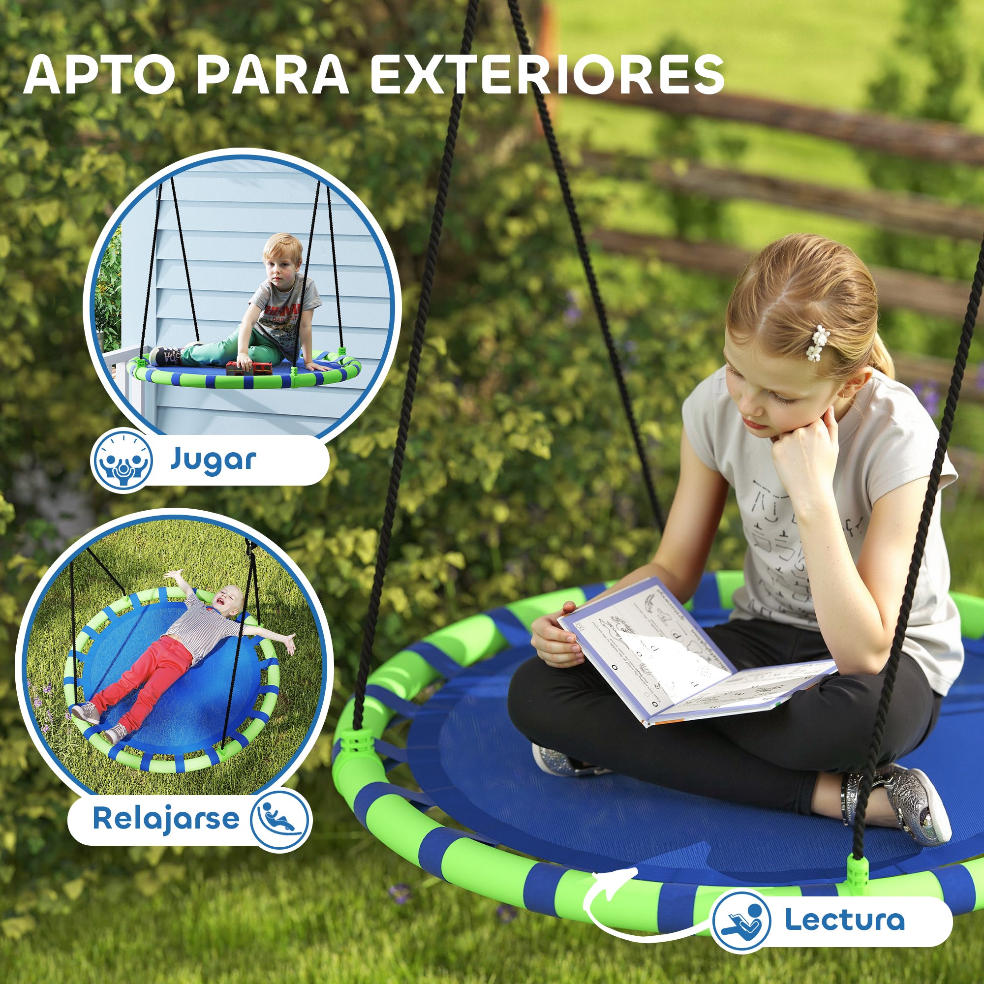 Round Children's Swing Outdoor Garden Adjustable Kids Swing Waterproof Load 150 kg Ø100x180 cm Blue and Green
