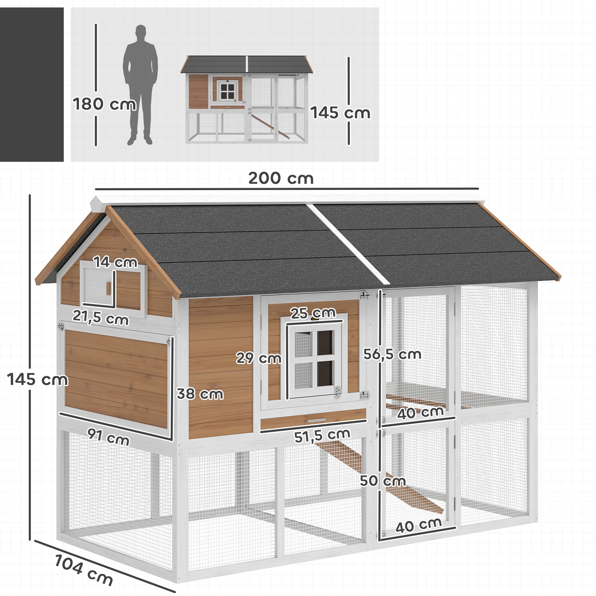 Chicken Coop with Run & Nest Box for 4 Hens, 200 x 104 x 145 cm Wooden Hen House with Removable Tray, Waterproof Asphalt Roof, Ramp, Brown