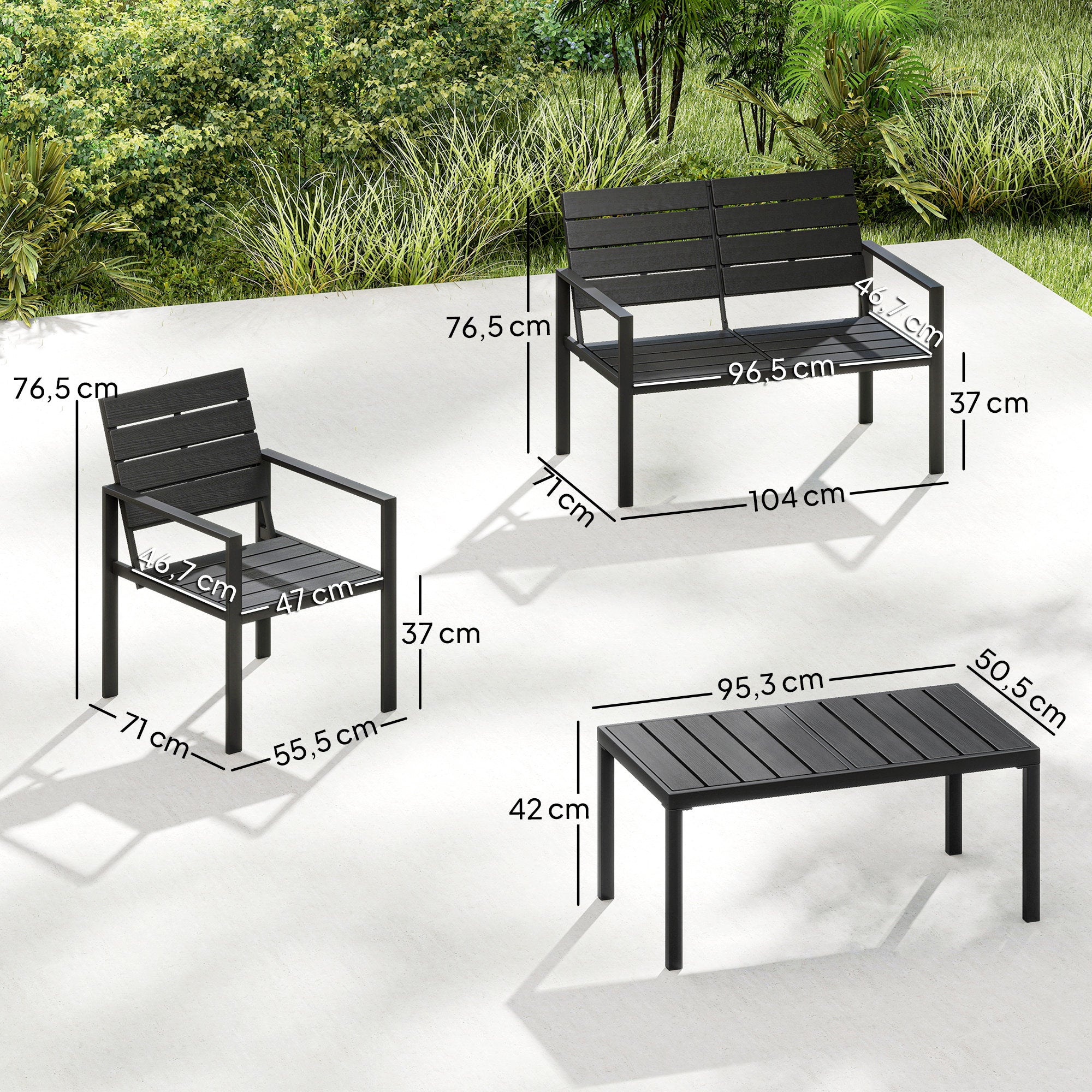 4-Piece Outdoor Garden Sofa Set with 2-Seat Loveseat, 2 Chairs & Coffee Table, Black