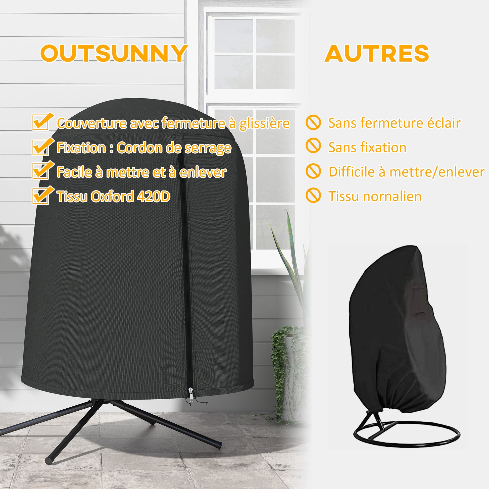 Garden Hanging Chair Cover, Waterproof Cover with Zipper, Oxford Fabric - Ø128 x 190H cm, Black
